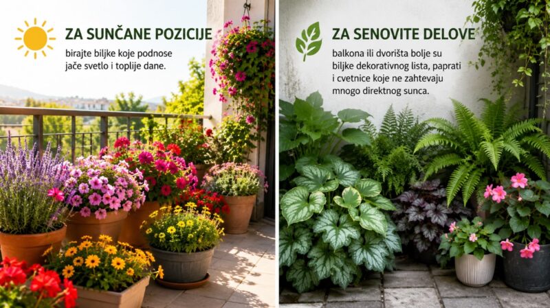 Balkon i dvorište sa kombinacijom biljaka za sunčane i senovite pozicije, uključujući paprati, dekorativno lisnato bilje i cvetnice.